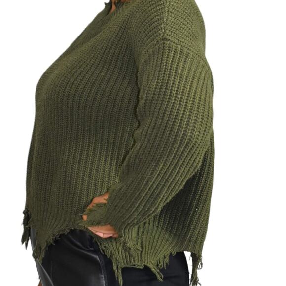 Seek the Label Distressed Sweater Olive Green Ribbed Knit Pullover Size Medium - Picture 6 of 13